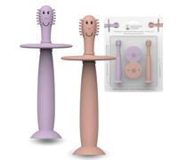 Matchstick Monkey Spazzolino da denti con tappo, per spazzolatura indipendente, impugnatura in morbido silicone, protezione antimicrobica, 3 mesi +, rosa polveroso e lilla