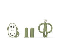 Matchstick Monkey, Starter set antimicrobico per dentizione, 1 massaggiagengive piatto, 1 massaggiagengive animale, 2 spazzolini da denti in silicone, 3 mesi +, oliva
