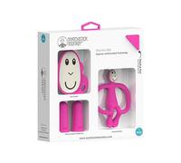 Matchstick Monkey, Starter set antimicrobico per dentizione, 1 massaggiagengive piatto, 1 massaggiagengive animale, 2 spazzolini da denti in silicone, 3 mesi +, scimmia rosa