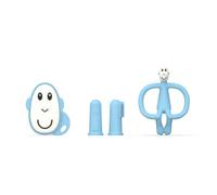 Matchstick Monkey, Starter set antimicrobico per dentizione, 1 massaggiagengive piatto, 1 massaggiagengive animale, 2 spazzolini da denti da dito in silicone, 3 mesi + scimmietta azzurra