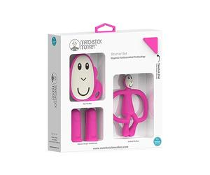 Matchstick Monkey, Starter set antimicrobico per dentizione, 1 massaggiagengive piatto, 1 massaggiagengive animale, 2 spazzolini da denti in silicone, 3 mesi +, scimmia rosa