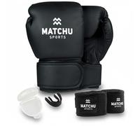 MATCHU - Guantoni da boxe - Set da 2 pezzi - Disponibile in 12 OZ, 14 OZ e 16 OZ - Realizzati in tessuto traspirante e ad asciugatura rapida - Pelle sintetica resistente - Nero (14 OZ - Set completo)