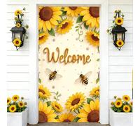 Mateju Decorazione per Porta Ingresso Elastico con Primavera Girasole 3D - Copriporta Elastico con Bordi Avvolti Rivestimento per Porta Ingresso per Pareti, Banner di Sfondo (Giallo,90x210cm)
