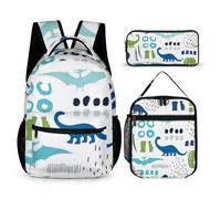 Mateju Dinosauro Zaino Bambini Set per Bambini, Composto da Zaino, Portapranzo e Astuccio (3 pezzi) per Bambini e Bambine Delle Scuole Elementari e Medie (Bianco)