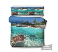 Mateju Set Copripiumino 3 Pezzi Biancheria da Letto Matrimoniale, Microfibra Copripiumino Federe Set Accessori Mondo Sottomarino Tartaruga di Mare Tema Decorazione (Mare Poco Profondo 3D,140x200cm)