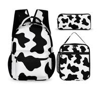 Mateju Set Zaino Scuola, Modello di Mucca Set la Scuola e da Viaggio per Bambini, Composto da Zaino, Portapranzo e Astuccio per Bambini e Bambine Delle Scuole Elementari e Medie (Bianco)