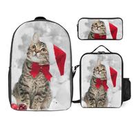 Mateju Set Zaino Scuola per Bambini, Fantastica Stampa di Gatti, Set la Scuola e da Viaggio per Bambini, Composto da Zaino, Portapranzo e Astuccio per Bambini e Bambine Delle Scuole (Natale)