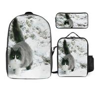 Mateju Set Zaino Scuola per Bambini, Fantastica Stampa di Gatti, Set la Scuola e da Viaggio per Bambini, Composto da Zaino, Portapranzo e Astuccio per Bambini e Bambine Delle Scuole (Nevicare)