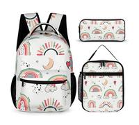 Mateju Set Zaino Scuola per Bambini, Stampa Arcobaleno Set la Scuola e da Viaggio per Bambini, Composto da Zaino, Portapranzo e Astuccio per Bambini e Bambine Delle Scuole (Luna)