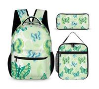 Mateju Set Zaino Scuola per Bambini, Stampa Farfalla Set la Scuola e da Viaggio per Bambini, Composto da Zaino, Portapranzo e Astuccio per Bambini e Bambine Delle Scuole (Verde chiaro)