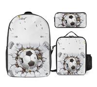 Mateju Set Zaino Scuola per Bambini, Stile Calcio, Set la Scuola e da Viaggio per Bambini, Composto da Zaino, Portapranzo e Astuccio per Bambini e Bambine Delle Scuole (Bianco)