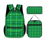 Mateju Set Zaino Scuola per Bambini, Stile Reticolo Set la Scuola e da Viaggio per Bambini, Composto da Zaino, Portapranzo e Astuccio per Bambini e Bambine Delle Scuole (Verde)