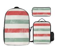 Mateju Set Zaino Scuola per Bambini, Strisce Colorate Set la Scuola e da Viaggio per Bambini, Composto da Zaino, Portapranzo e Astuccio per Bambini e Bambine Delle Scuole (Rosso verde)