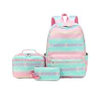 Mateju Set Zaino Scuola per Bambini Tintura per Cravatta, Arcobaleno impermeabile Zaino Scuola Set, Composto da Zaino, Portapranzo e Astuccio per Bambini (Verde Rosa)