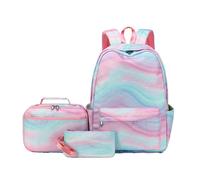 Mateju Set Zaino Scuola per Bambini Tintura per Cravatta, Arcobaleno impermeabile Zaino Scuola Set, Composto da Zaino, Portapranzo e Astuccio per Bambini (Onda)