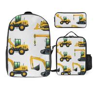 Mateju Set Zaino Scuola Stampa di Escavatore per Bambini, Set la Scuola e da Viaggio per Bambini, Composto da Zaino, Portapranzo e Astuccio per Bambini (Escavatore 2)