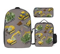 Mateju Set Zaino Scuola Stampa di Escavatore per Bambini, Set la Scuola e da Viaggio per Bambini, Composto da Zaino, Portapranzo e Astuccio per Bambini (Escavatore 3)