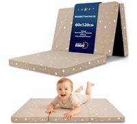 Materasso Culla 60x120 cm pieghevole per Lettino da Viaggio - Sfoderabile con rivestimento lavabile a 30 gradi & borsa inclusa - Materasso Bambini in schiuma Beige con stelle bianche
