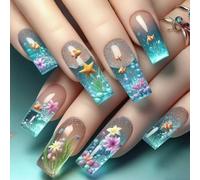 Materiali ABS Piazza Press On Nails Blue Oceans Clownfish Design Glitters Francese Punta Unghie Artificiali Per Le Donne Partito Usura Quotidiana Blue Sea Press On Nail