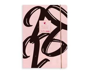 Matilda Moo Agenda 2026, formato A5, con layout unico per note settimanali, pagina a sinistra, note e lista delle cose da fare a destra, lamina oro rosa, copertina in cartoncino resistente, rosa