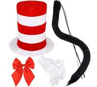 Matiniy Il set di 4 costumi per gatti contiene guanti alti a righe rosse e bianche, un papillon e una coda per ragazzi e ragazze, costume per la giornata mondiale del