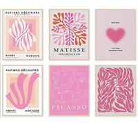 Matisse - Set di 6 stampe artistiche da parete astratte, stampa artistica da parete con Picasso, stampe artistiche minimaliste su tela, decorazione per la stanza, colore: rosa acceso, per camera da