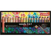 Matita colorata Multi-Funzione, STABILO woody 3 in 1, ARTY, Astuccio da 18, con Temperino e Pennello, Colori assortiti