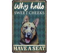 MATLPATS Divertente targa in metallo con scritta in lingua inglese "German Shepherd Why Hello Sweet Cheeks Have A Seat for Office/Home/Classroom Bathroom Decor Gifts - Best Farmhouse Decor - 20,3 x