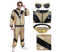 Matreeglam Costume da allenamento anni '80 anni '90, stile retrò, da discoteca, da jogging, con marsupio, per Halloween, feste a tema, carnevale, oro, L