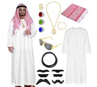Matreeglam Costume da sceicco per uomo e bambino, costume arabo con bandana, abito bianco arabo, costume da carnevale da uomo e ragazzo, per carnevale, cosplay party (adulto, 2XL)