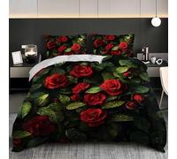 Matrimoniale Copripiumino Sets 250x200 cm Foglie Verdi Copripiumine Biancheria da Letto in Microfibra Ultra Morbida, Tatto Morbido ed Ipoallergenico, con Cerniera, Rosa Rossa