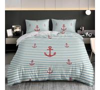 Matrimoniale Copripiumino Sets 250x200 cm Stampe di Ancore Rosse Copripiumine Biancheria da Letto in Microfibra Ultra Morbida, Tatto Morbido ed Ipoallergenico, con Cerniera, Righe Azzurre