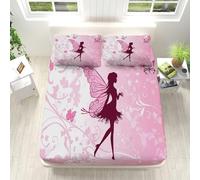 Matrimoniali Lenzuolo con Angoli Stile Cartoon Fata Farfalla,150x200cm Traspirante Lenzuola con Angoli Sotto Profondità 30cm,Rosa Coprimaterasso Confortevole e Lavabile con 2 Federe