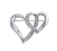 Bling Jewelry Matrimonio Romantico Moda Sposa in Cristallo Scintillante Grande Dichiarazione Aperta A Forma di Sciarpa A Doppio Cuore Spilla Pin per Donne Placcato Argento