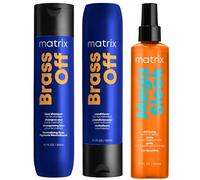 Matrix Brass Off Anti-Brass Blue Shampoo and Conditioner For Lightened Brunettes and Anti-Frizz Mega Sleek Iron Smoother Bundle
