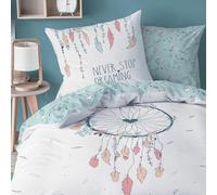 Matt&Rose Set di biancheria da letto per bambina, 2 pezzi, 135 x 200 cm, motivo floreale e piume, federa 80 x 80 cm + copripiumino 135 x 200 cm, 100% cotone