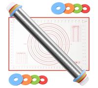 Mattarello in acciaio inox con tappetino da forno, spessore regolabile con anello rimovibile, mattarello in metallo rivestito antiaderente, 4 misure, adatto per pizza, biscotti, pasta sfoglia