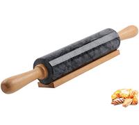 Mattarello in marmo con base in legno con manico spesso per la cottura, 47 cm, rullo lucido di alta qualità per pasta di pizza, fondente, crosta, superficie antiaderente, facile da pulire (nero)
