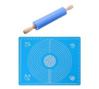 Mattarello per Cuocere in Legno e Silicone, Tappetino in Silicone, Rullo per Pasta Fondente (Blu)