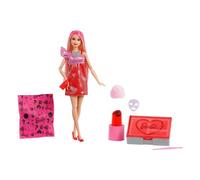 Barbie - party surprise make-up party vestito rosa, bambola con 10 accessori a sorpresa ed effetto cambia colore
