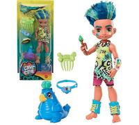 Cave Club Bambola Preistorica Slate da 25.4 cm, Capelli Blu, con Dinosauro e Accessori, Giocattolo per Bambini 4+Anni, GNL87