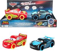 Mattel Disney e Pixar Cars, giocattoli parlanti fosforescenti, Track Talkers Glow Racers 2-Pack con Saetta McQueen e Jackson Storm da 5,5 pollici, HRX49