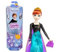 Mattel Disney Frozen - Anna Spin & Reveal, set con bambola e 11 sorprese da scoprire, 5 accessori e 5 adesivi inclusi, look ispirato al film Disney, giocattolo per bambini, 3+ anni, HXD27