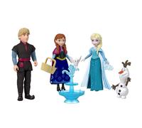 Mattel Disney Frozen - Set Anna e Elsa, confezione da 4 mini bambole con Anna, Elsa, Kristoff e Olaf, fontana e 3 accessori ispirati al film Disney inclusi, 3+ anni, JJP89