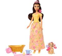 Mattel Disney Princess - Belle e Cucciolo Momenti di Bellezza, bambola alla moda e cagnolino con macchie cambia colore, accessori inclusi, ispirato a La Bella e la Bestia, 3+ anni, JFC42