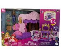 Disney princess - castello carrozza, playset 2 in 1 con mini bambola aurora, 4 personaggi e 10 mobili e accessori