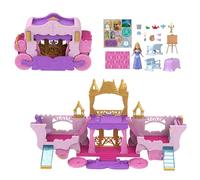 Disney princess - castello carrozza, playset 2 in 1 con mini bambola aurora, 4 personaggi e 10 mobili e accessori