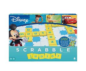 Mattel Games - Scrabble Junior Disney, Il Gioco da Tavolo delle Parole Crociate con 2 Giochi in 1, Tabellone a 2 Lati con Immagini dei Personaggi Disney, per Bambini 6+ Anni, HFK22