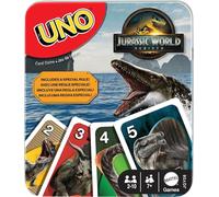Mattel Games UNO Jurassic World Rebirth - Gioco di carte in scatola di latta da collezione per bambini, adulti e famiglia con regole speciali e immagini ispirate al film