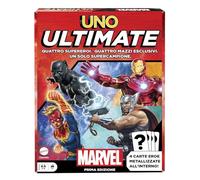 Mattel Games UNO Ultimate Marvel, gioco con 4 carte laminate da collezione e supereroi Black Panther, Captain Marvel, Iron Man e Thor, giocattolo per bambini, 7+ anni, Versione italiana, HWX08